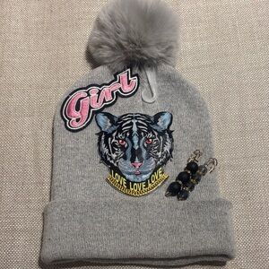 Gray Pom-Pom Beanie with Tiger Patch